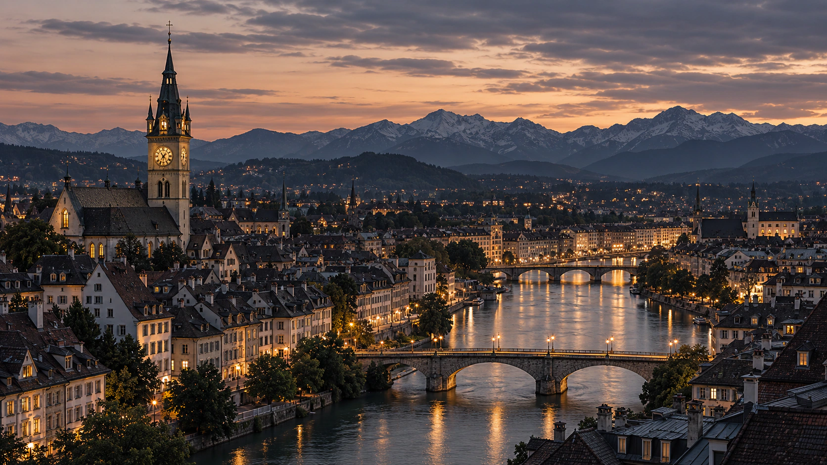 European rooftops, a river and the Alps at dusk
