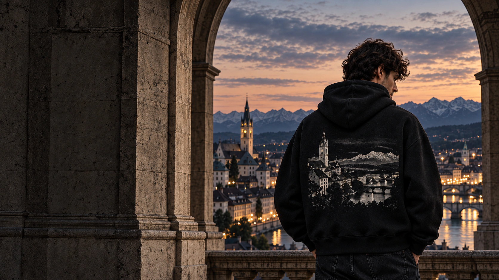 VANTAIRE Hoodie 001 in a European stone archway overlooking the city
